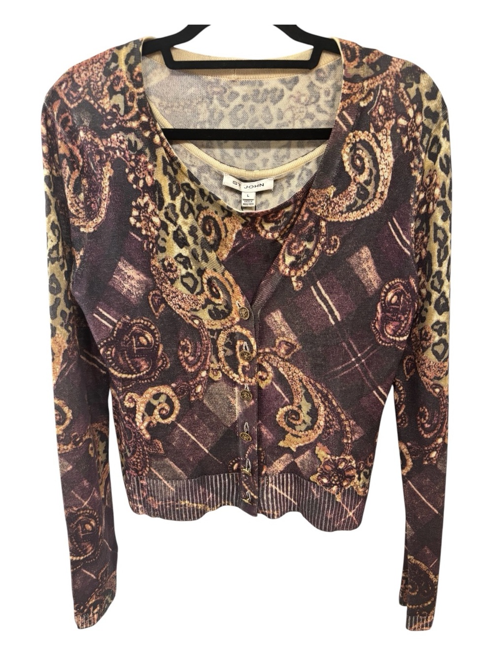 NWT 2 Pc St John Aubergine Multi-Tone Paisley Plaid Button Cardigan & Tank Sz L